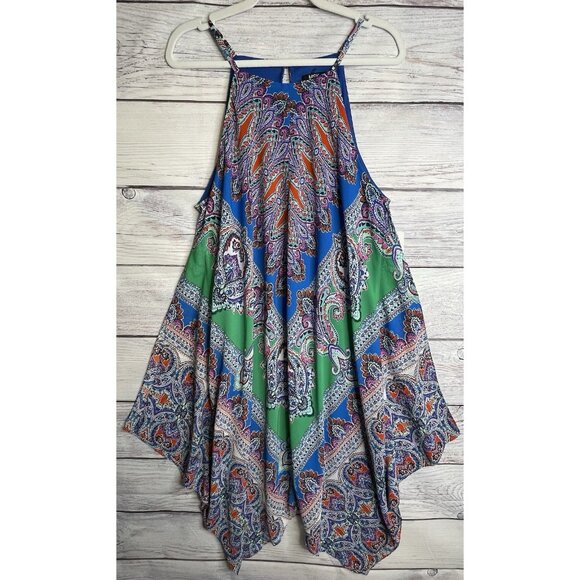 MSK Handkerchief Dress Size 16 Halter Top Paisley Green Blue BOHO Hippie Gypsy - Picture 1 of 16